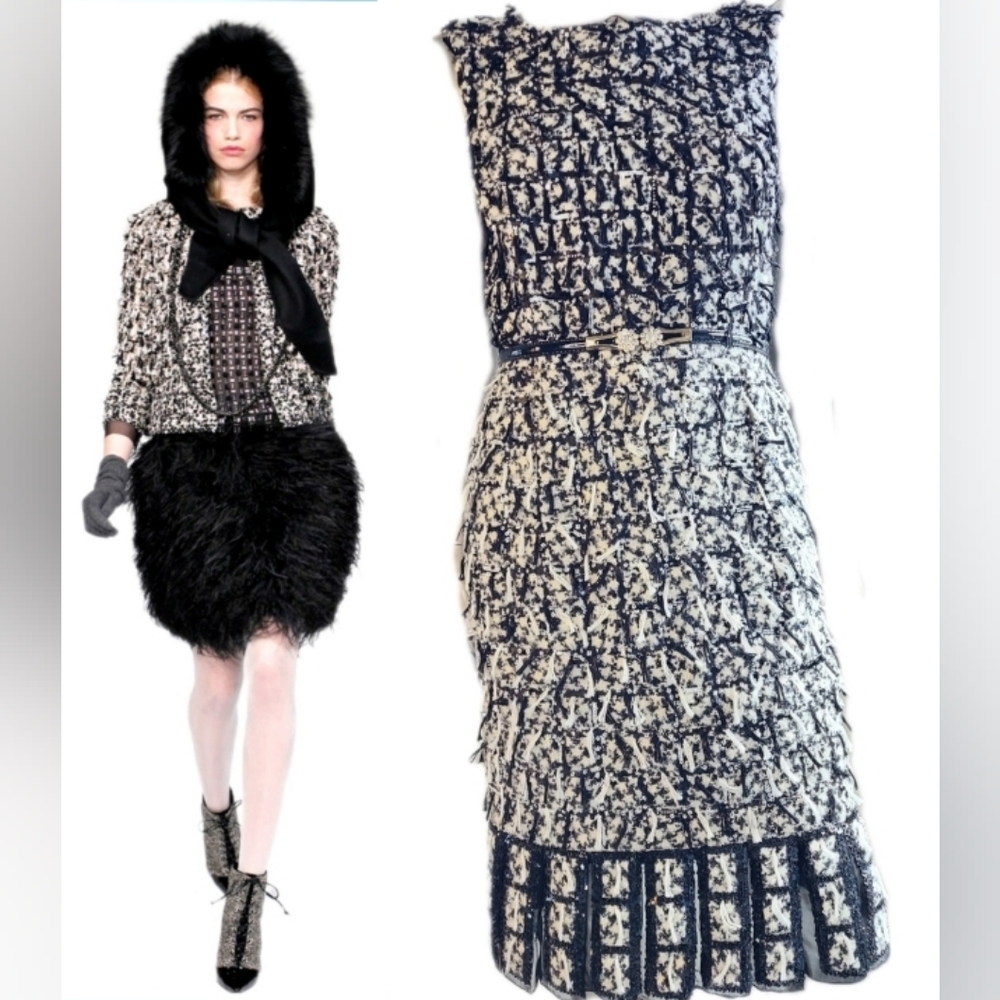 $4000 NEW OSCAR DE LA RENTA SILK BLK WHT TWEED RUNW DRESS 8